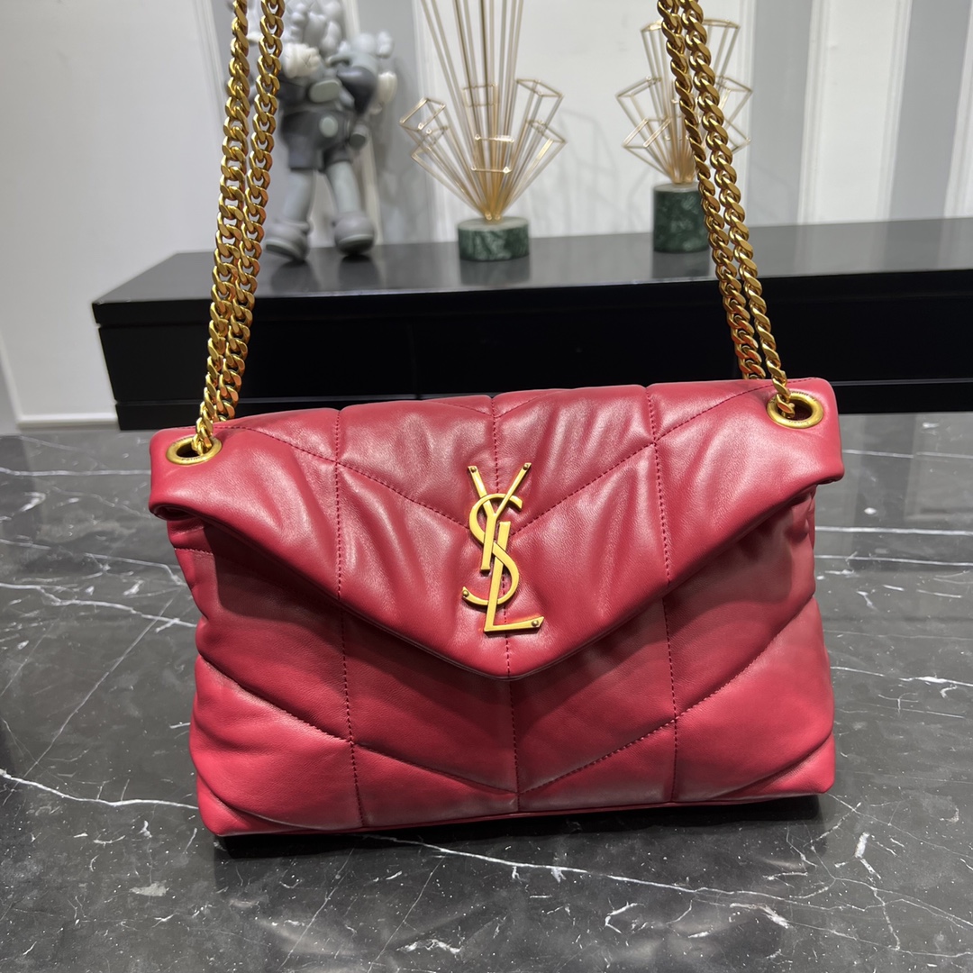 Saint Laurent Loulou Puffer Small Lambskin Shoulder Bag Handbag Red 577476 Gold